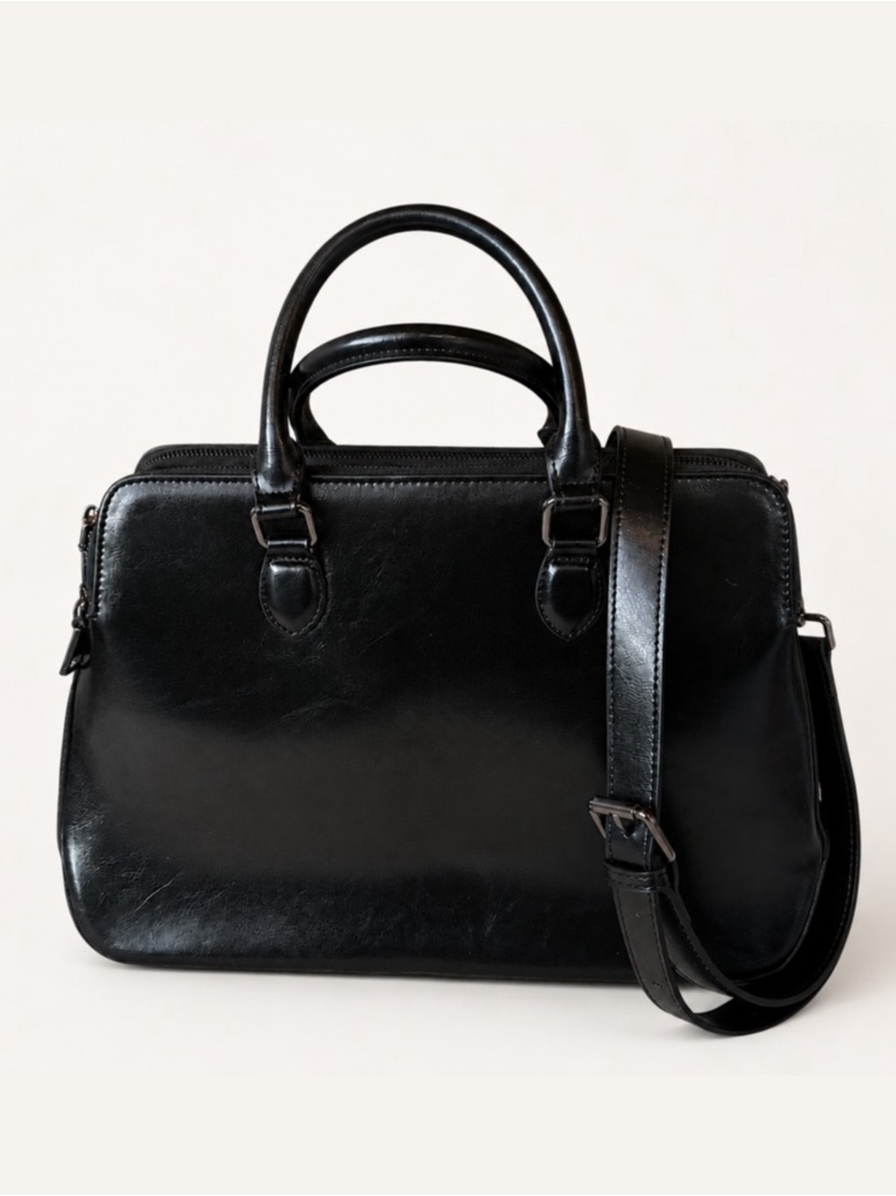 HESHE Genuine Leather Satchel Black Multi Compartment Crossbody Tote Bag